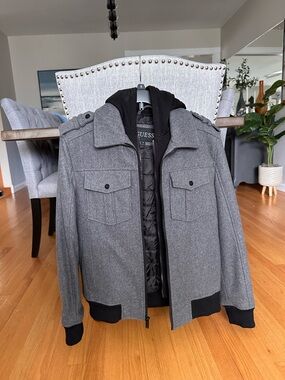 Guess Men’s Gray Military-Style Field Jacket with Black Lining
